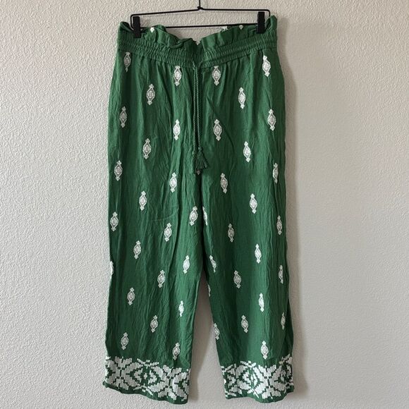 HOUSE OF HARLOW 1960 Embroidered Green Patterned Wide Leg Pants size Large - Picture 1 of 9
